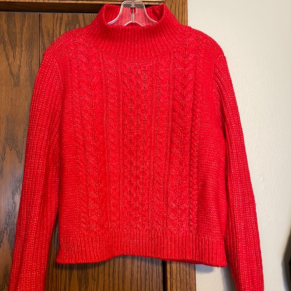 Like New~ LOFT Red Cable-Knit Mockneck Sweater